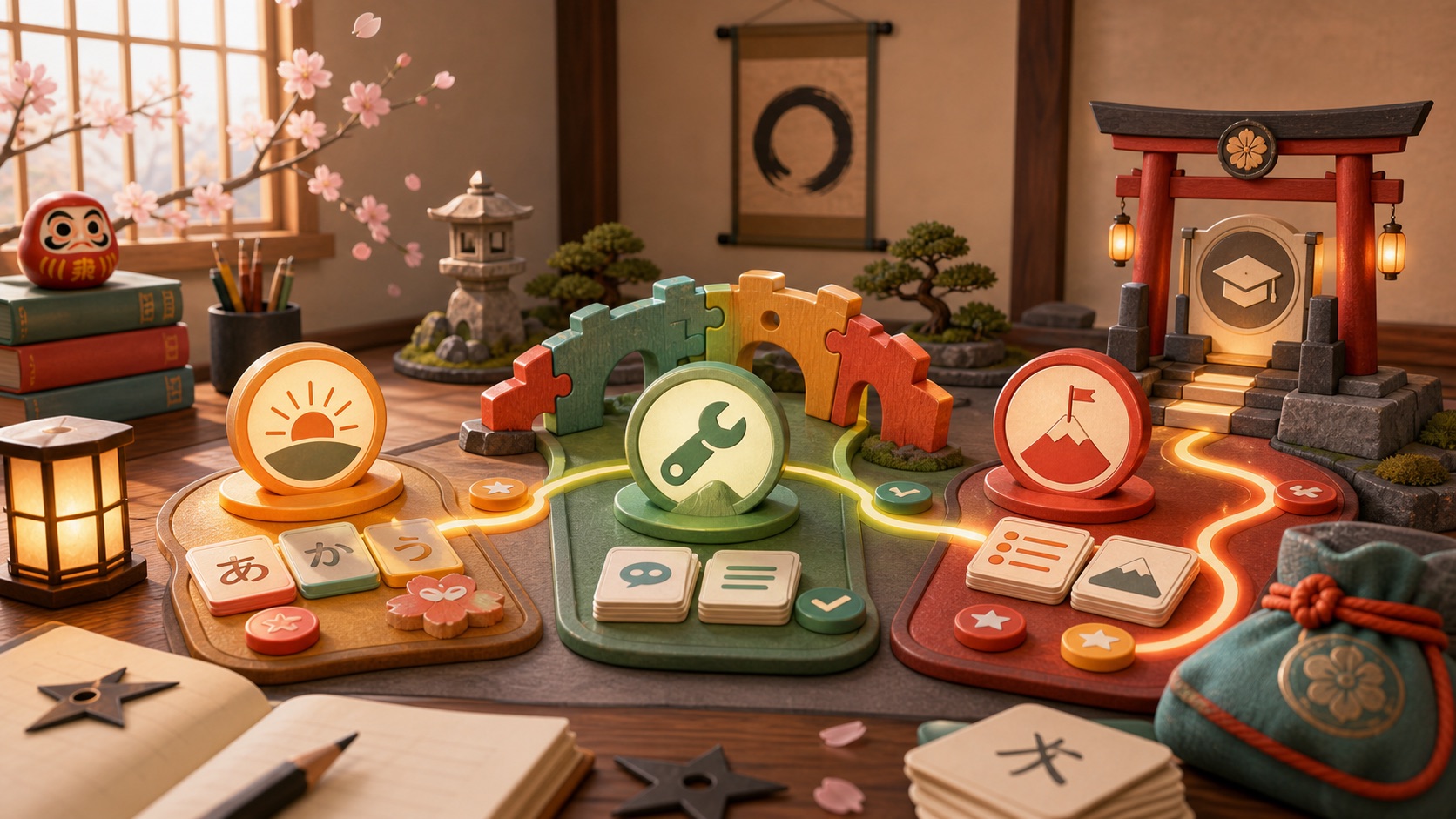 Game-like Japanese study route with warm-up, repair, and challenge stations