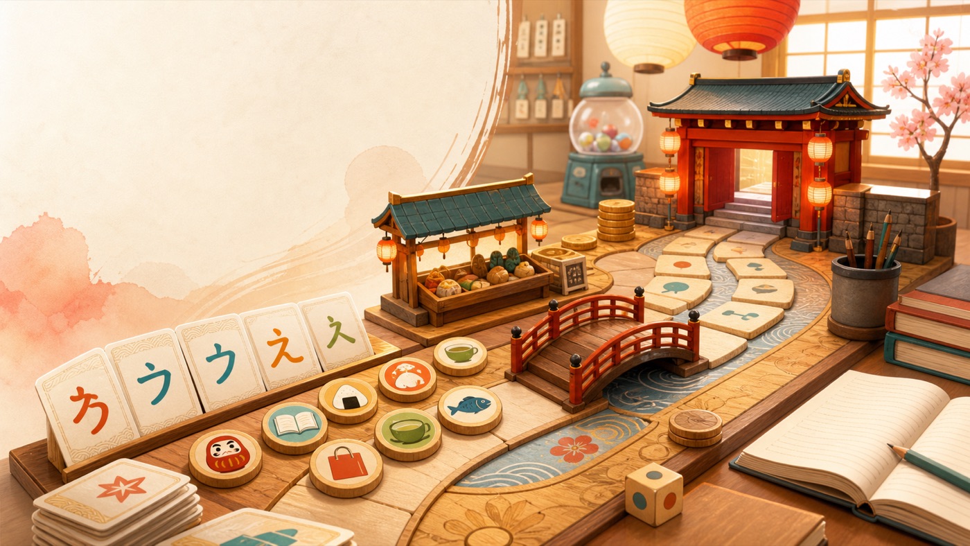 Japanese learning arcade board with kana cards, vocabulary tokens, grammar bridge, and exam gate