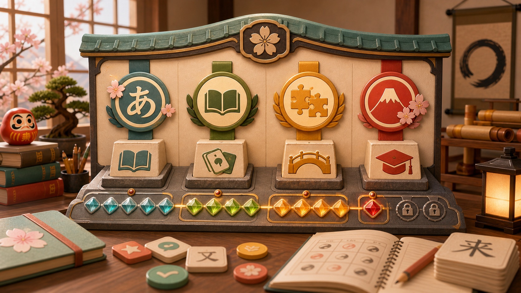 Japanese learning game achievement board with skill milestone badges