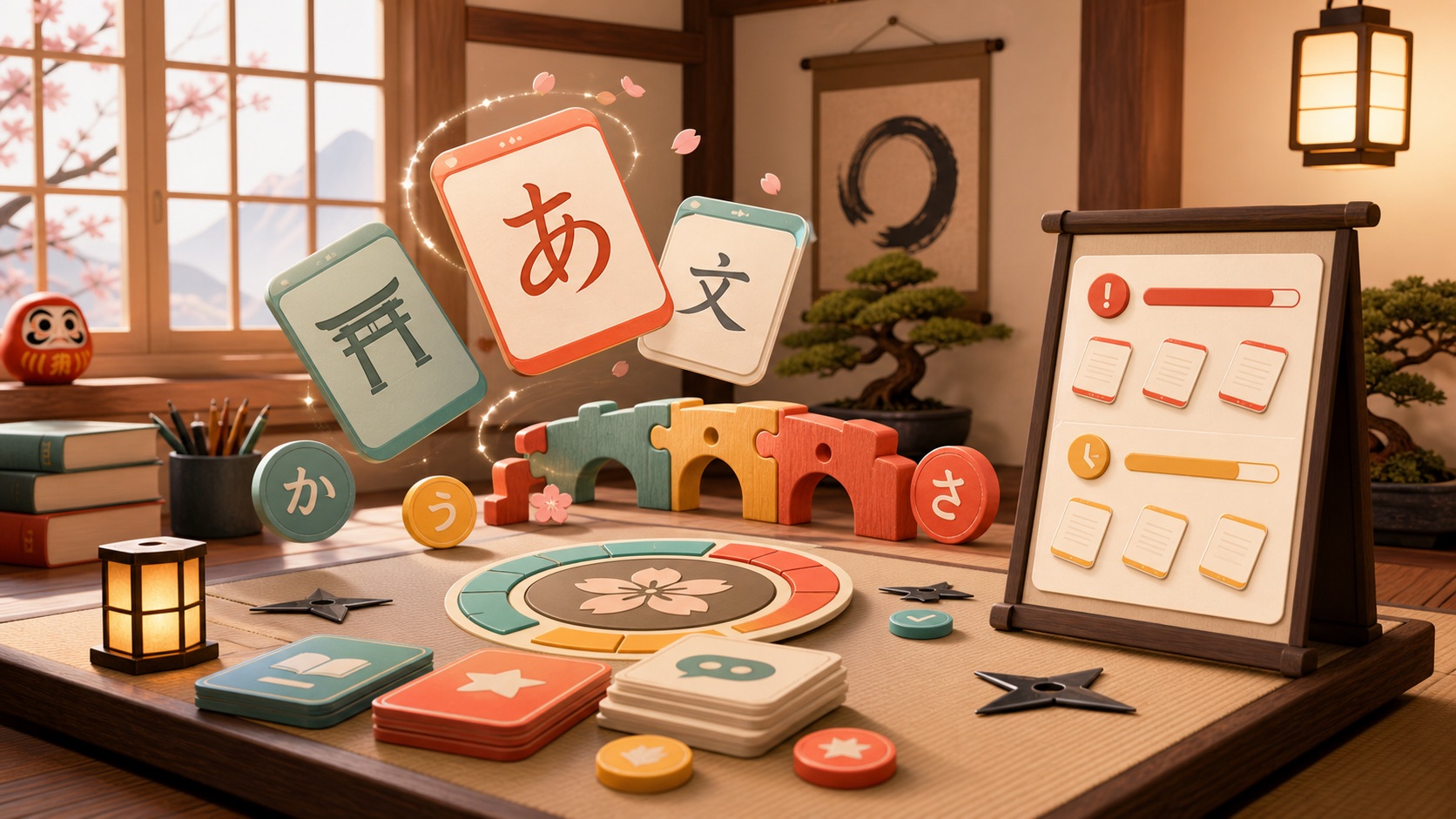 Japanese study dojo with review cards, kana tokens, and learning progress markers