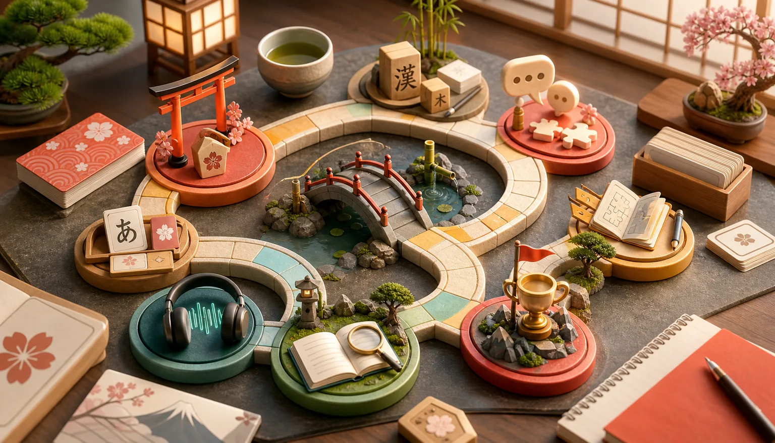 Illustrated Japanese study game board showing recall, review, listening, reading, and exam training paths